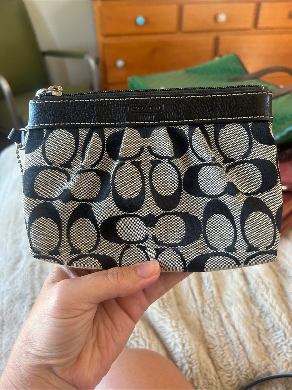 Coach Black and Ivory Signature Canvas Wristlet